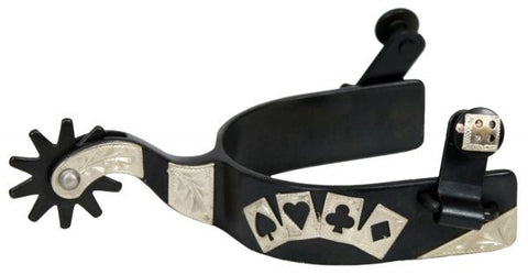 Showman™ men's size black steel silver show spur with silver 4 card design.