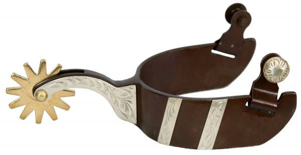 Showman™ men's size antique brown  spur with engraved silver bar design.