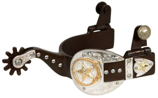 Showman™ men's size brown spur silver buckle tip and keeper spurs with gold star.