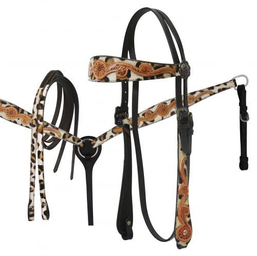 Showman™ Headstall and Breast Collar Set with Leopard print and Tooled Leather Overlay