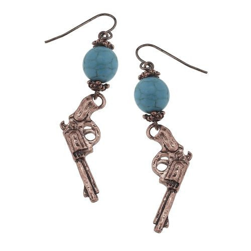 Copper pistol earrings with turquoise stones.