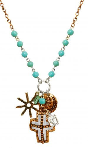 18" copper color necklace with western charms and turquoise stones.