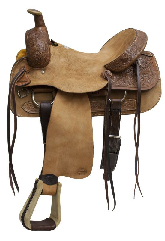 16" Blue River roper saddle with tooled leather accents.