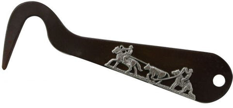 Team roping brown steel silver engraved hoof pick. Measures 6" long