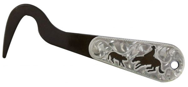 Showman™ Cutting horse brown steel silver engraved hoof pick. Measures 6" long