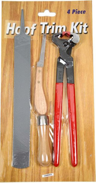 Hoof trim kit. Included in kit: rasp, hoof knife, rasp handle and hoof nipper