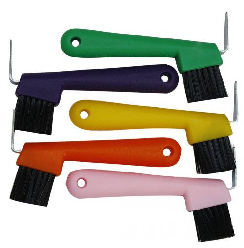 Color pack of 10 hoofpick with brush. Plastic hoof pick meaures 6" long.