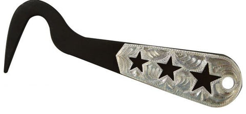 Three star brown steel silver engraved hoof pick. Measures 6" long