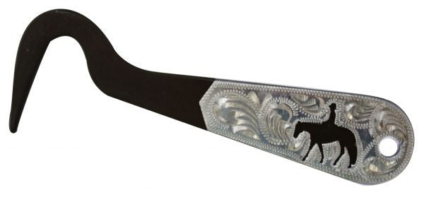 Showman™ Western pleasure brown steel silver engraved hoof pick. Measures 6" long