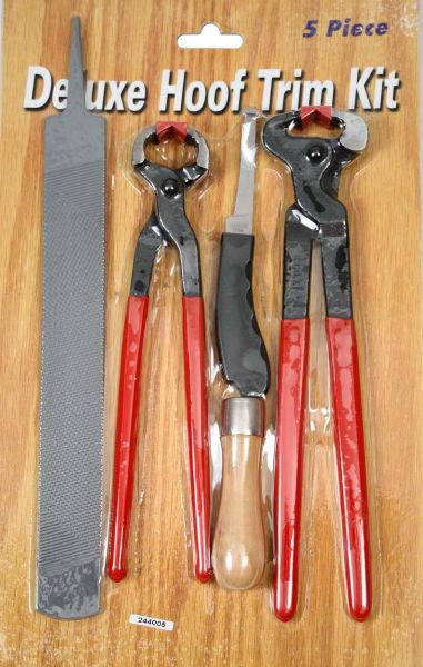 Deluxe hoof trim kit. Included in kit: rasp, shoe puller, hoof knife, rasp handle, and hoof nipper