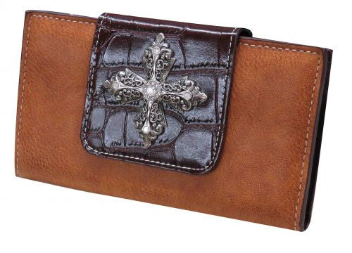 Camel PU leather wallet with gator trim and engrave cross.