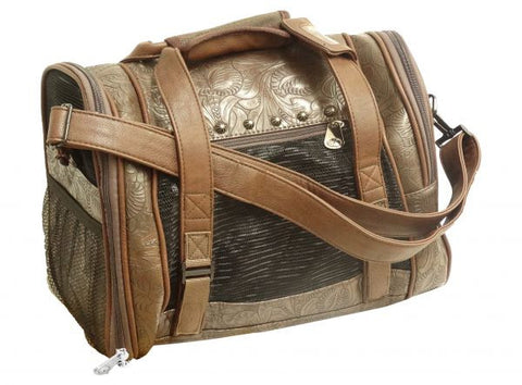 Brown floral embossed PU leather pet carrier.