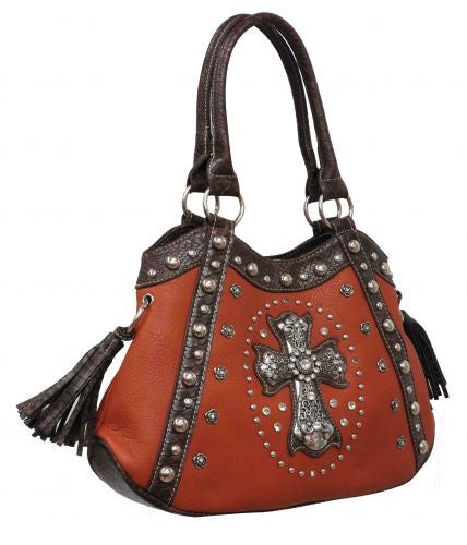 Camel colored PU leather handbag with brown snake print leather trim and large crystal rhinestone cross.