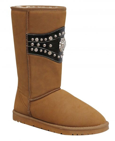 Brown suede tall boot with black trim and rhinestone concho.
