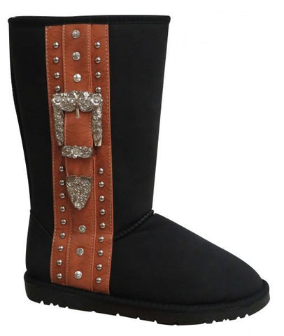 Black suede tall boot with camel trim and engraved buckle.