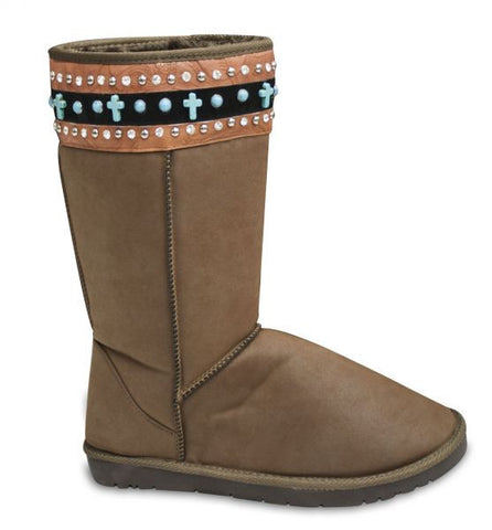 Brown suede tall boot with black embossed camel colored leather stripe with crystal rhinestones, silver studs and turquoise stone crosses.