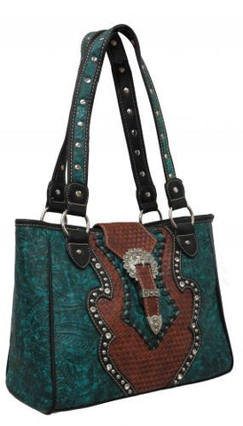Dark teal  PU leather handbag with basket weave inlay.