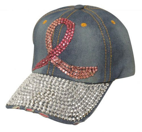 Showman Couture ™ Bling denim hat with crystal rhinestone pink ribbon.