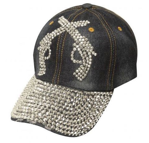 Showman Couture ™ Bling denim hat with crystal rhinestone crossed guns.