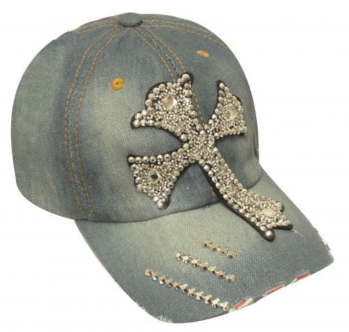 Showman Couture ™ Bling denim hat with crystal rhinestone cross.