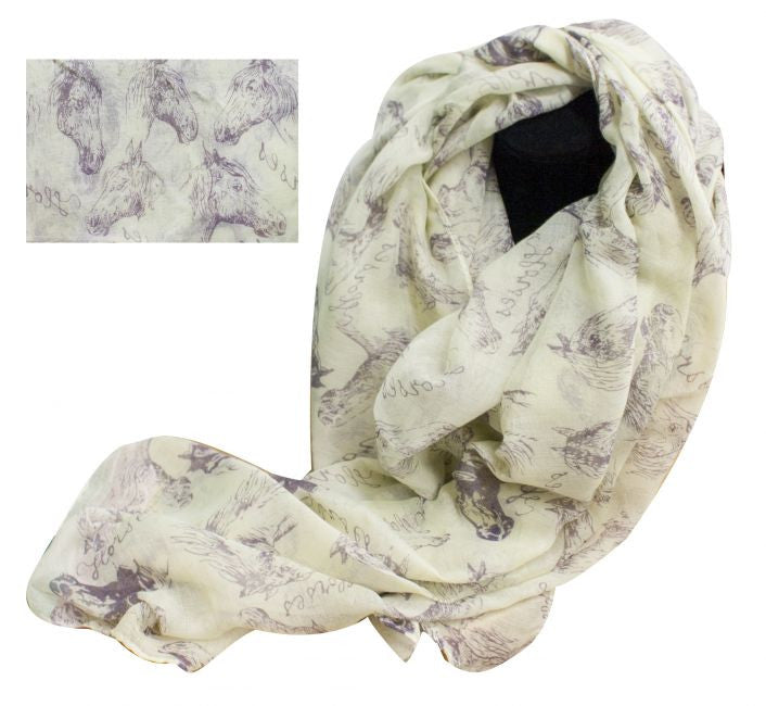 70" X 40" Oversized soft, cream voile scarf with purple horse design.