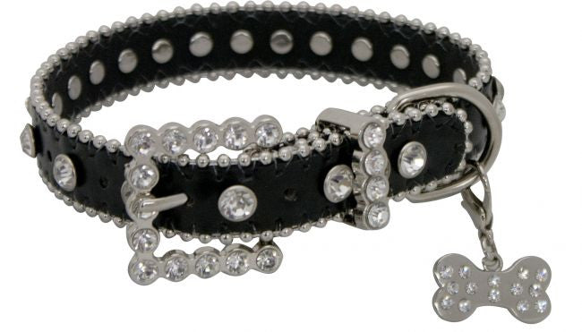 Showman Couture™ Black leather dog collar with crystal rhinestones.