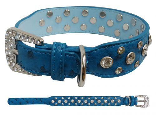 Showman Couture ™ Blue faux ostrich leather dog collar with crystal rhinestones.