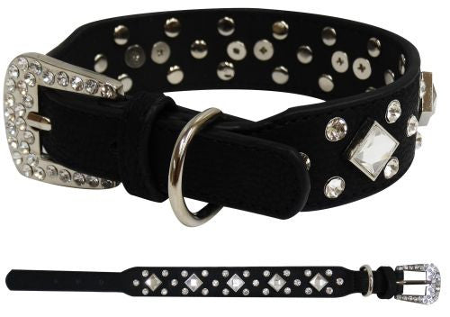 Showman Couture ™ Black leather dog collar with crystal rhinestones.
