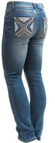 D'Mode Denim jegging style jeans with embroidered cross. Slim fit straight leg.