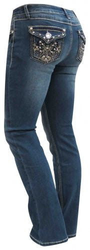 D'Mode Denim jeans with embroidered design accented with crystal rhinestones.