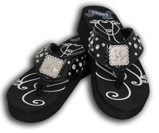Showman Couture™ Ladies western bling flip flops with barrel racer concho.