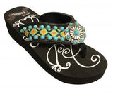 Showman Couture ™ Ladies western flip flops with Southwest embroidery with turquoise stone concho and studs.