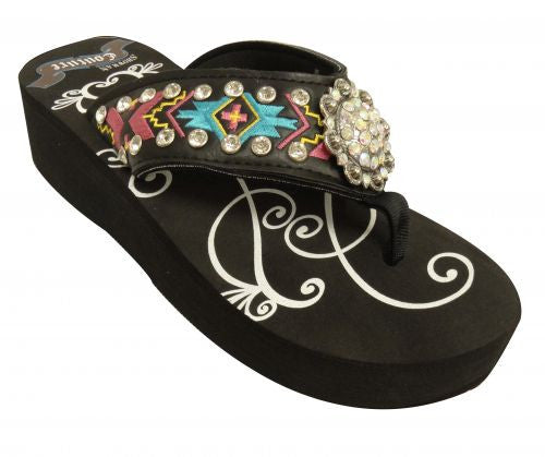 Showman Couture ™ Ladies western flip flops with Southwest embroidery with iridescent crystal rhinstone rosette concho and studs.