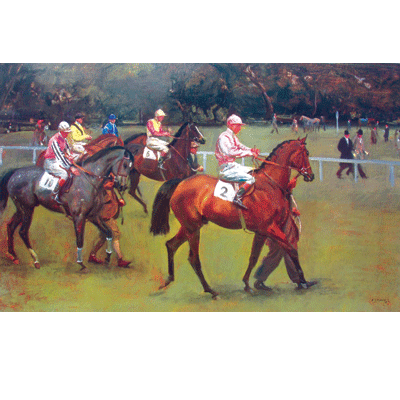 Alfred Munnings Horse Prints - At the Races Going out Kempton