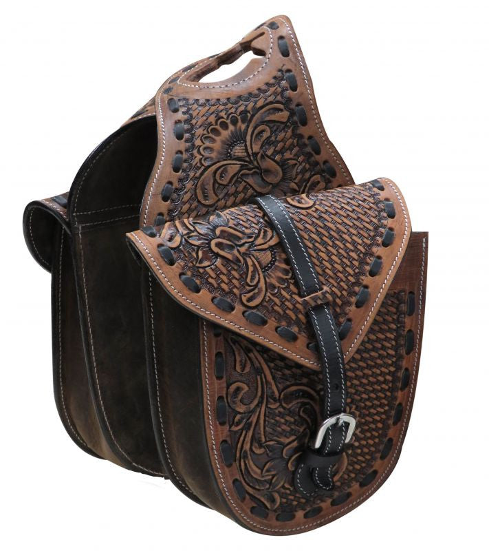 Showman ® Floral and basket weave tooled leather horn bag.