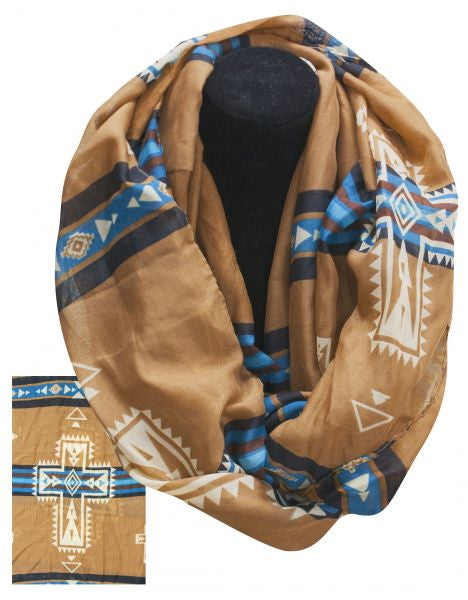 Brown infinity woven scarf with Navajo cross design. 62" x 34"