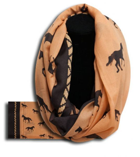 Brown infinity woven scarf with running horses. 62" x 34".