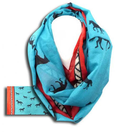 Red/Turquoise infinity woven scarf with running horses. 62" x 34".
