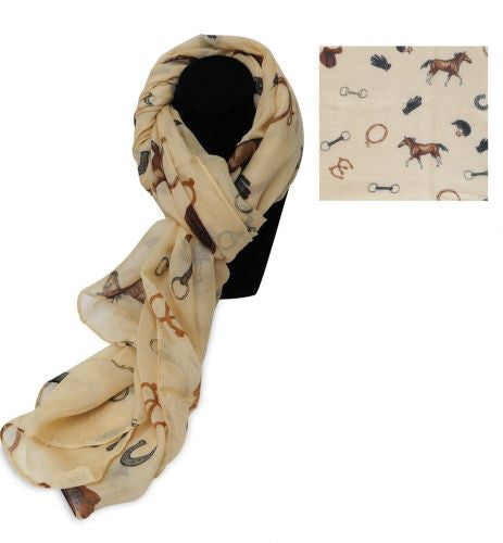70" X 28" Tan woven scarf with an " Equestrian" design.