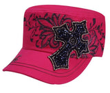 Showman Couture ™ Ladies Military Cargo Style Hat With Western Beaded Cross and Filigree Design.  Adjustable One size fits most.