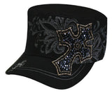 Showman Couture ™ Ladies Military Cargo Style Hat With Western Beaded Cross and Filigree Design.  Adjustable One size fits most.