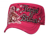 Showman Couture ™ Ladies Military Cargo Style Hat With Turn-N-Burn Embroidery and Barrel Racer Patch and Distressed Bill.