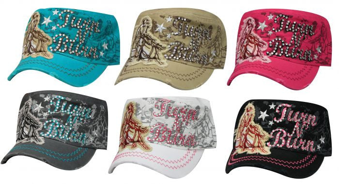 Showman Couture ™ Ladies Military Cargo Style Hat With Turn-N-Burn Embroidery and Barrel Racer Patch and Distressed Bill.