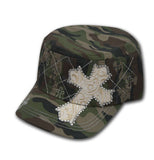 Showman Couture ™ Juniors Military Cargo Style Hat With Western Beaded Cross and Filigree Design.  Adjustable One size fits most.
