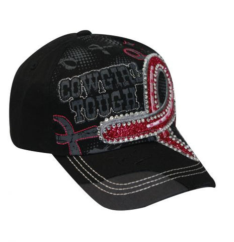 Showman Couture ™ Ladies baseball style hat with " Cowgirl Tough" and pink glitter horse shoe ribbon.