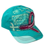 Showman Couture ™ Ladies baseball style hat with " Cowgirl Tough" and pink glitter horse shoe ribbon.