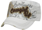 Showman Couture ™ Ladies Military Cargo Style Hat With Cowgirl Up Embroidery and Rearing Horse Patch on Filigree Design and Distressed Bill. Adjustable One size fits most.