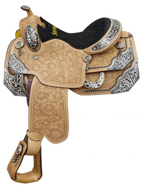 16" Showman ® Argentina cow leather show saddle with floral tooling and black inlay trim with silver accents.