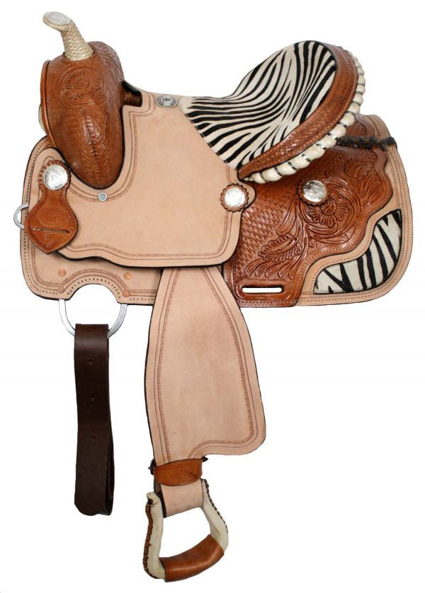 13" Double T youth saddle with zebra print seat and skirts. CLEARANCE
