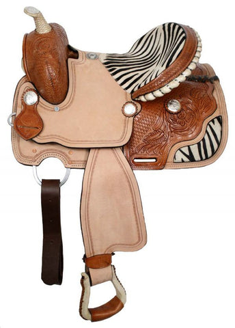 13" Double T youth saddle with zebra print seat and skirts. CLEARANCE